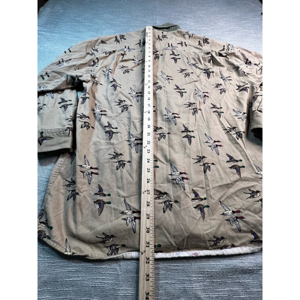 Mens Mallard Duck Flight Print Button Down Shirt Tan Cotton Canvas Hunting L - Picture 6 of 7